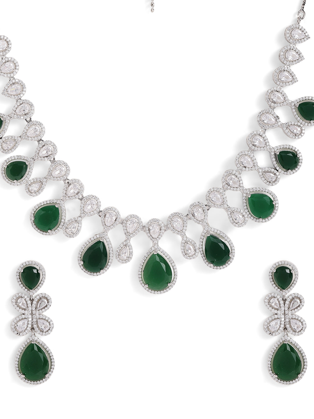 Drop Shaped Emerald American Diamond Necklace Silver Plated Drop Earrings Jewellery Set