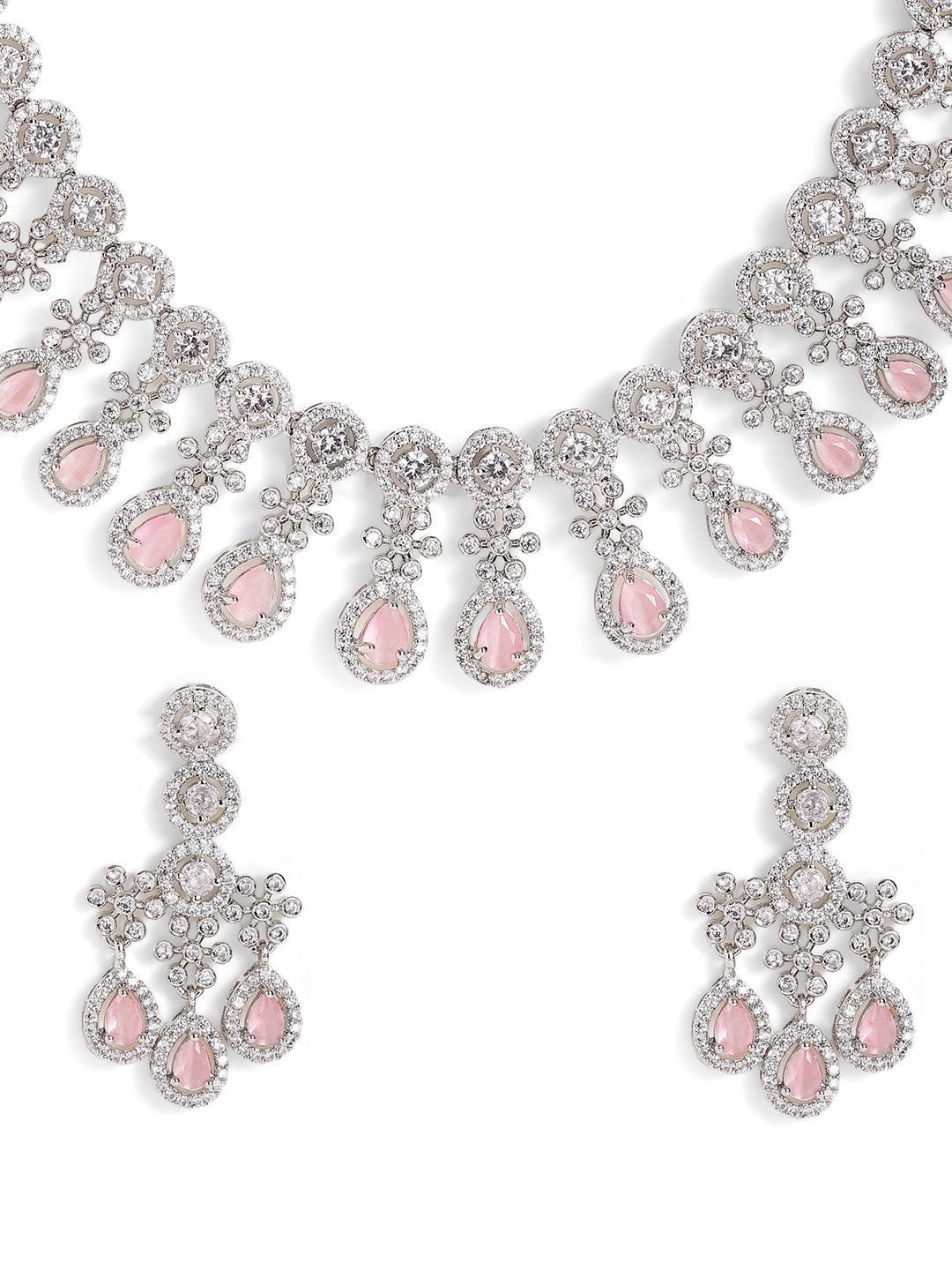 Pink Stoned Floral Design American Diamond Necklace and Drop Earrings Jewellery Set