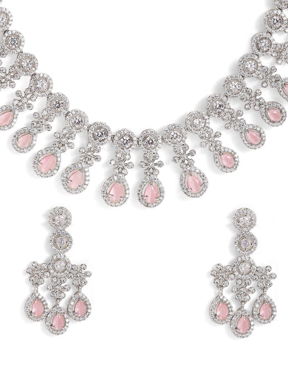 Pink Stoned Floral Design American Diamond Necklace and Drop Earrings Jewellery Set