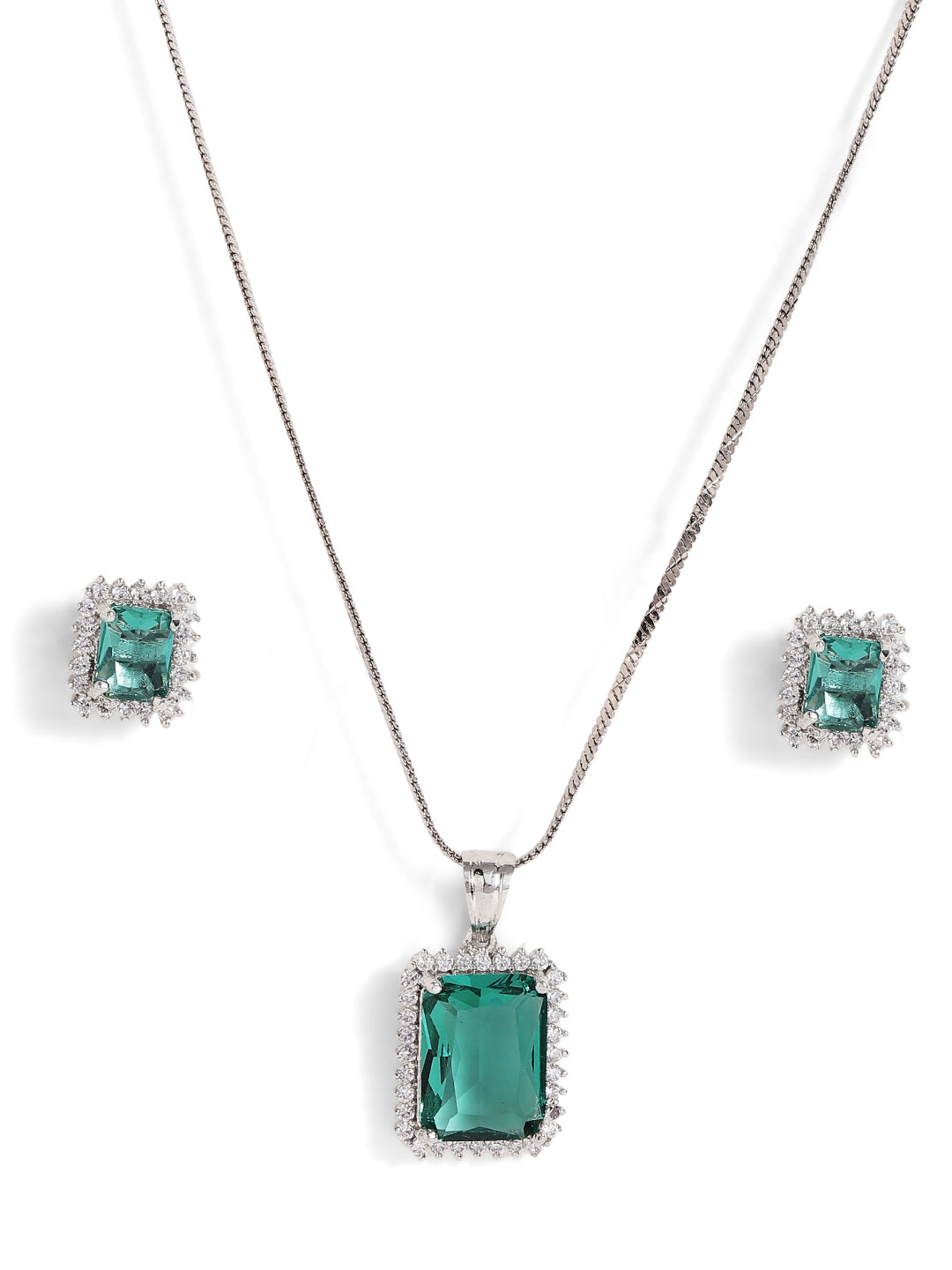 Mint Stoned Goemetric Elegance American Diamond Pendant Stud Earrings Jewellery Set