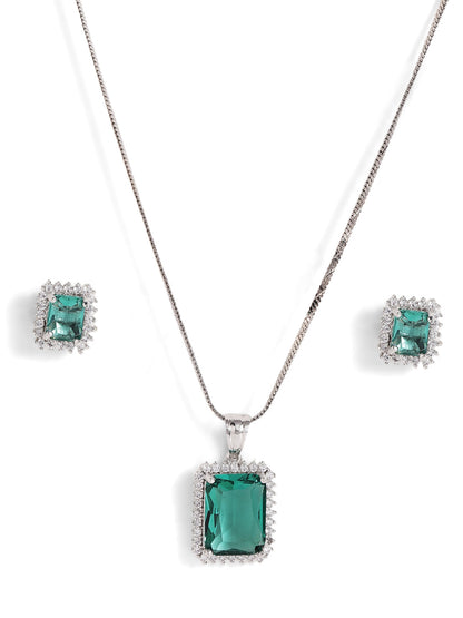 Mint Stoned Goemetric Elegance American Diamond Pendant Stud Earrings Jewellery Set