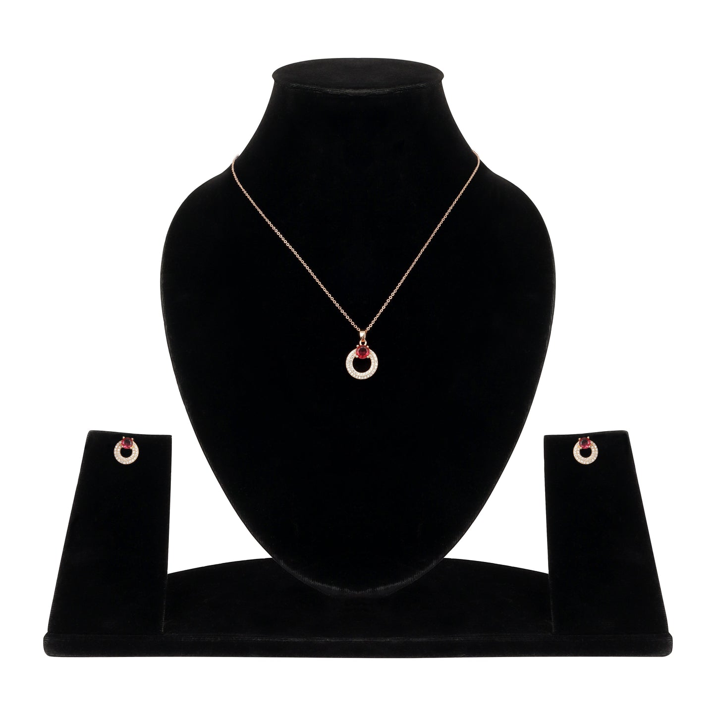 Rose Gold Plated Red Ruby Stone Pendant Necklace and Earring Set for Women and Girls