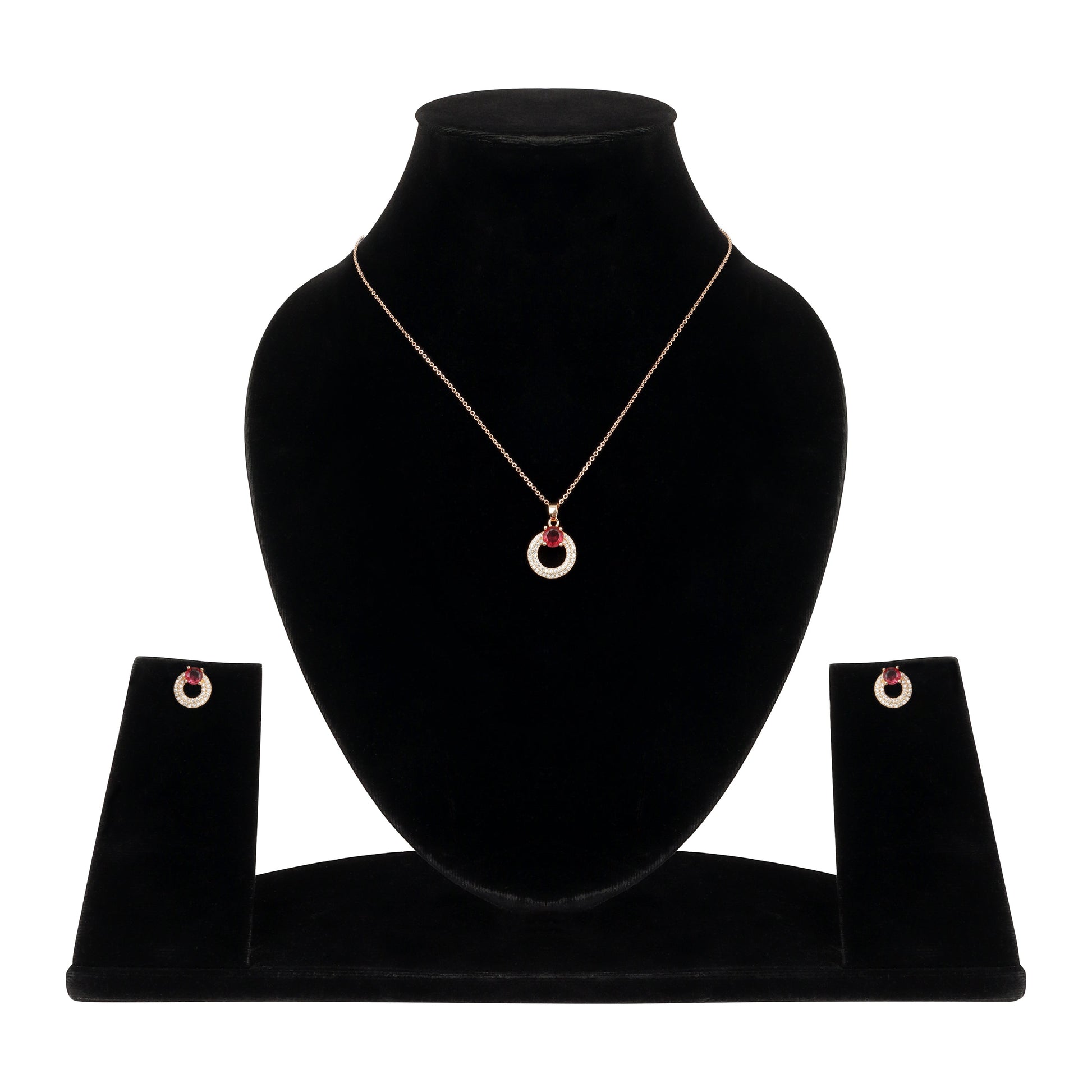 Rose Gold Plated Red Ruby Stone Pendant Necklace and Earring Set for Women and Girls
