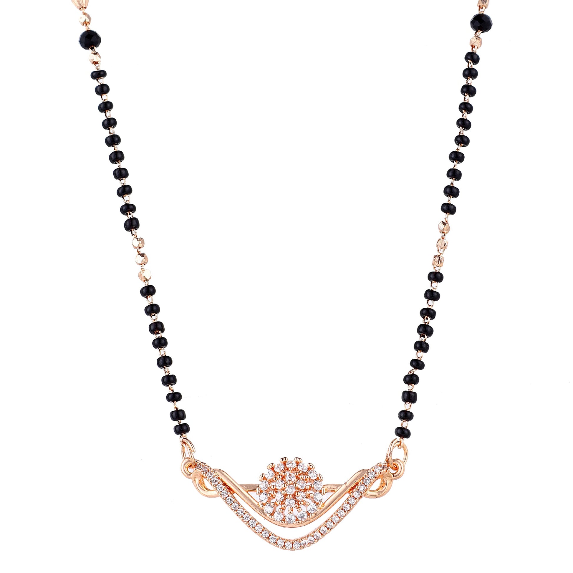 Rose Gold Plated Floral Mangalsutra With  Black Beads For Women