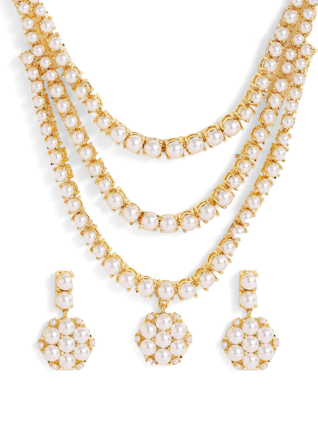 Floral Pattern Pearl Studded Three Layered necklace and Drop Earrings Jewellery Set