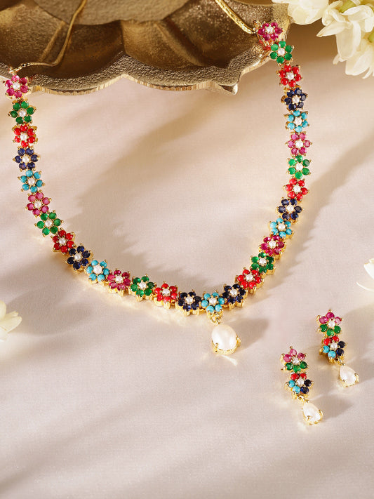 Fancy Floral Gold Plated Gold Plated Necklace and Drop Earrings Jewellery Set
