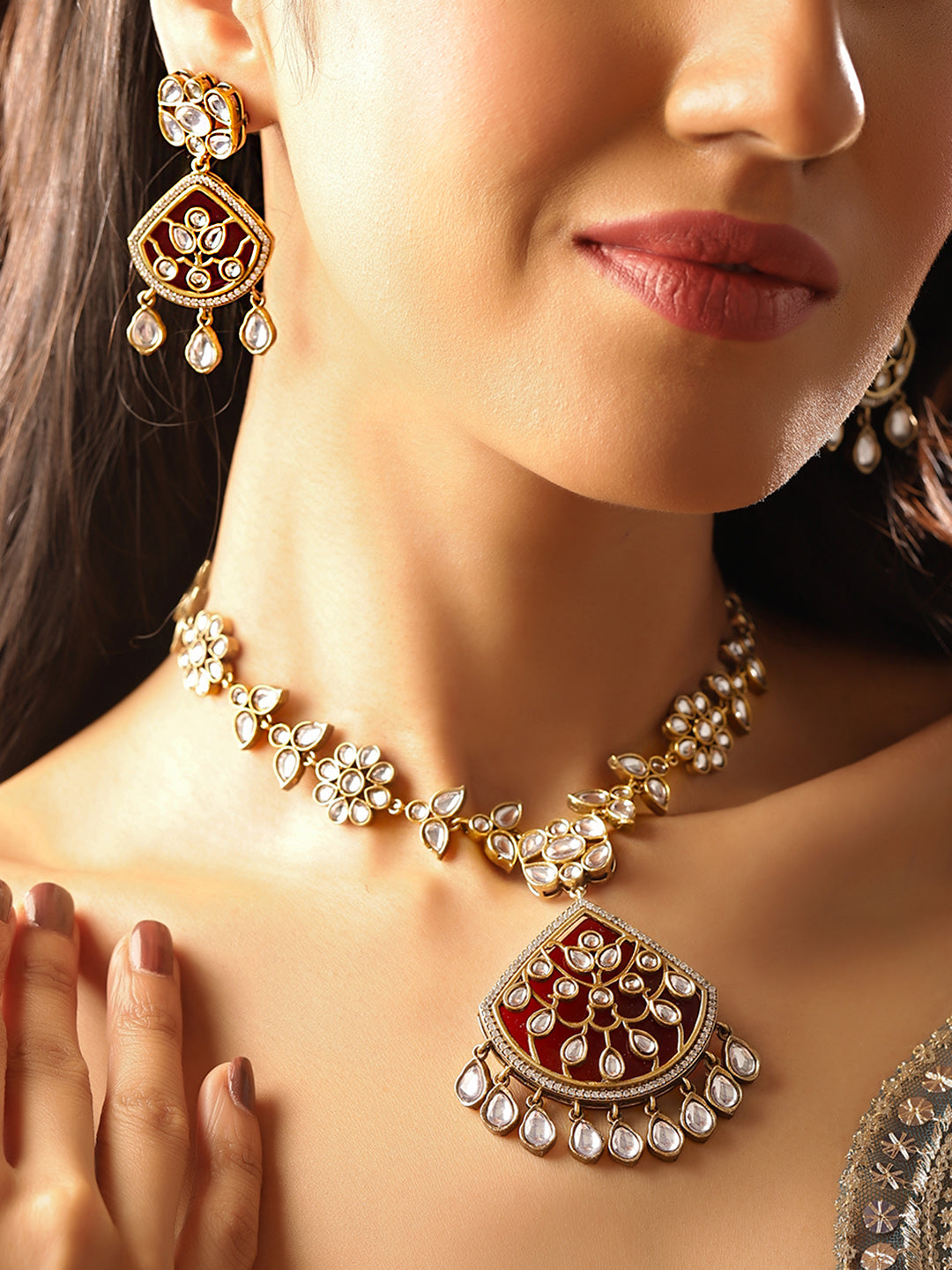Red Stoned Polki Stonned Floral Elegance Necklace and Drop Earrings Jewellery Set