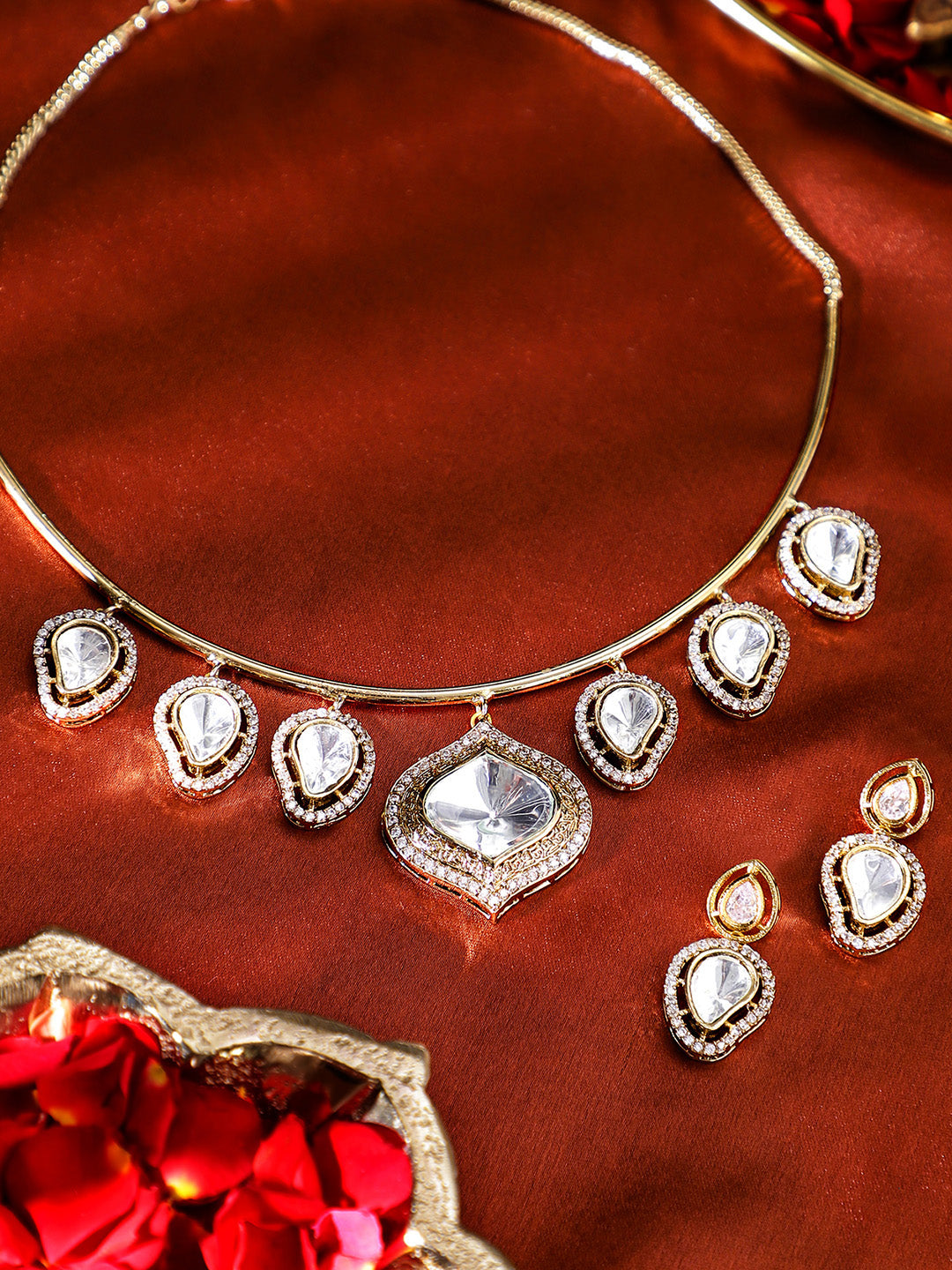 Mango Shaped Polki Stoned Gold Plated Mini Drop Earrings Jewellery Set