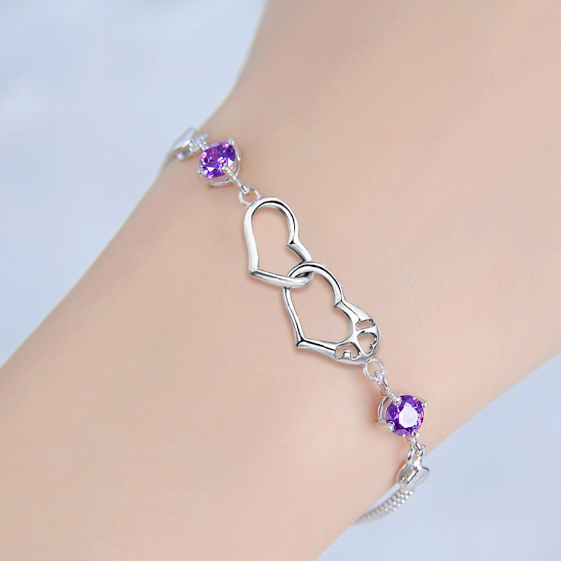 Double Heart Purple CZ Charm Bracelet