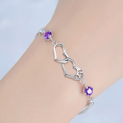 Double Heart Purple CZ Charm Bracelet