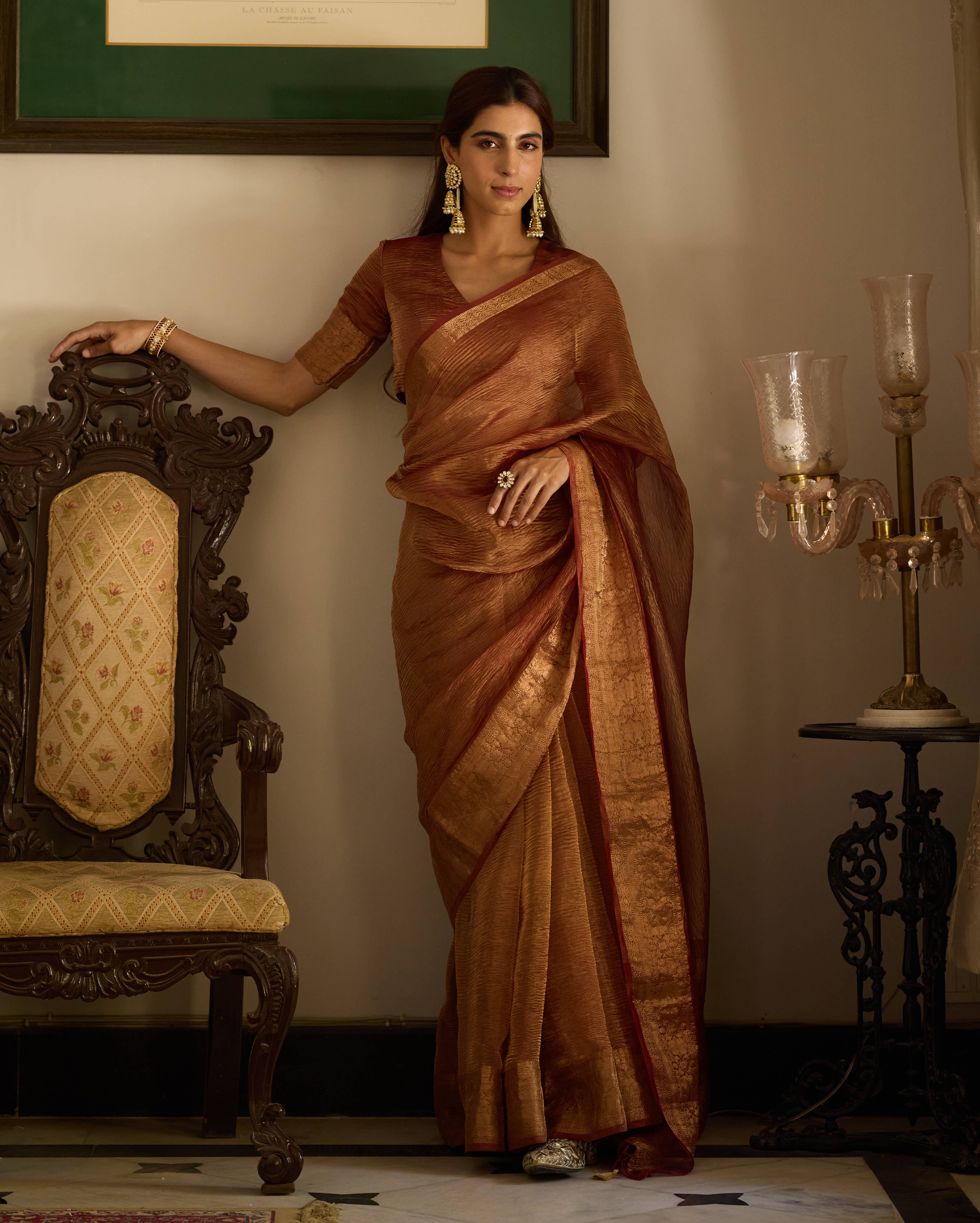 Hima Brown Solid Crushed Tissue Saree