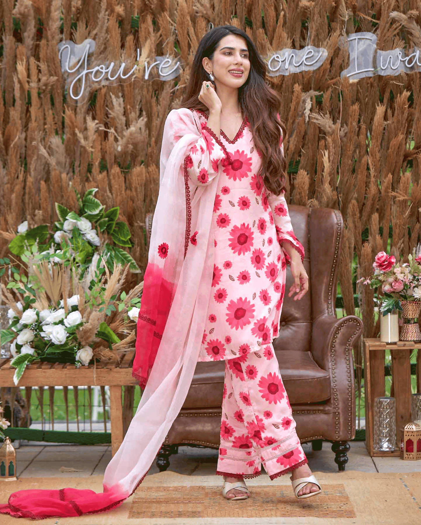 Nysa Pink Printed Silk Suit Set