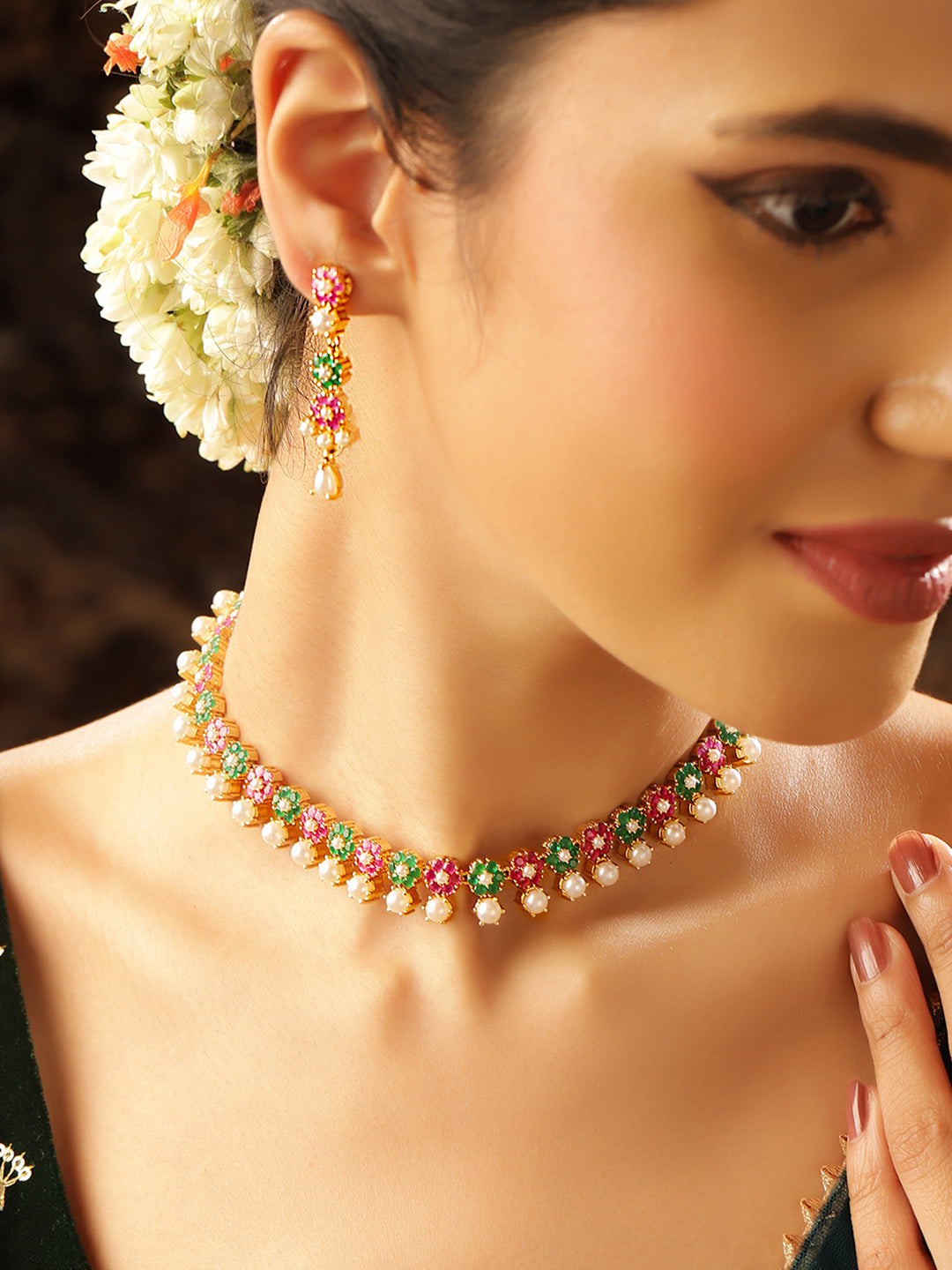 Multicolor Floral Pattern Pearl Gold Plated Necklace and Drop Earrings Jewellery Set