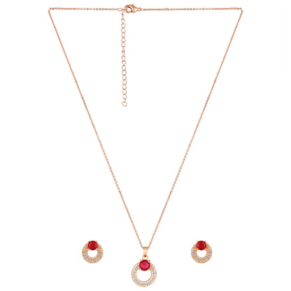 Rose Gold Plated Red Ruby Stone Pendant Necklace and Earring Set for Women and Girls