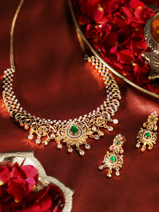 Green Stoned Elegance Gold Plated Floral Pattern Drop Earrings Jewellery Set