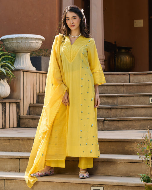 Serein Yellow Embroidered Cotton Suit Set