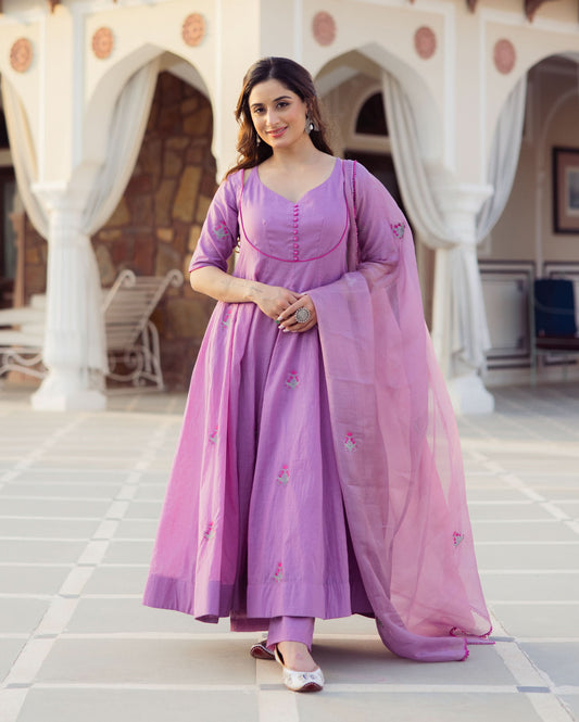 Tasha Purple Embroidered Chanderi Suit Set
