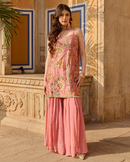 Solis Mauve Printed Chanderi Sharara Set
