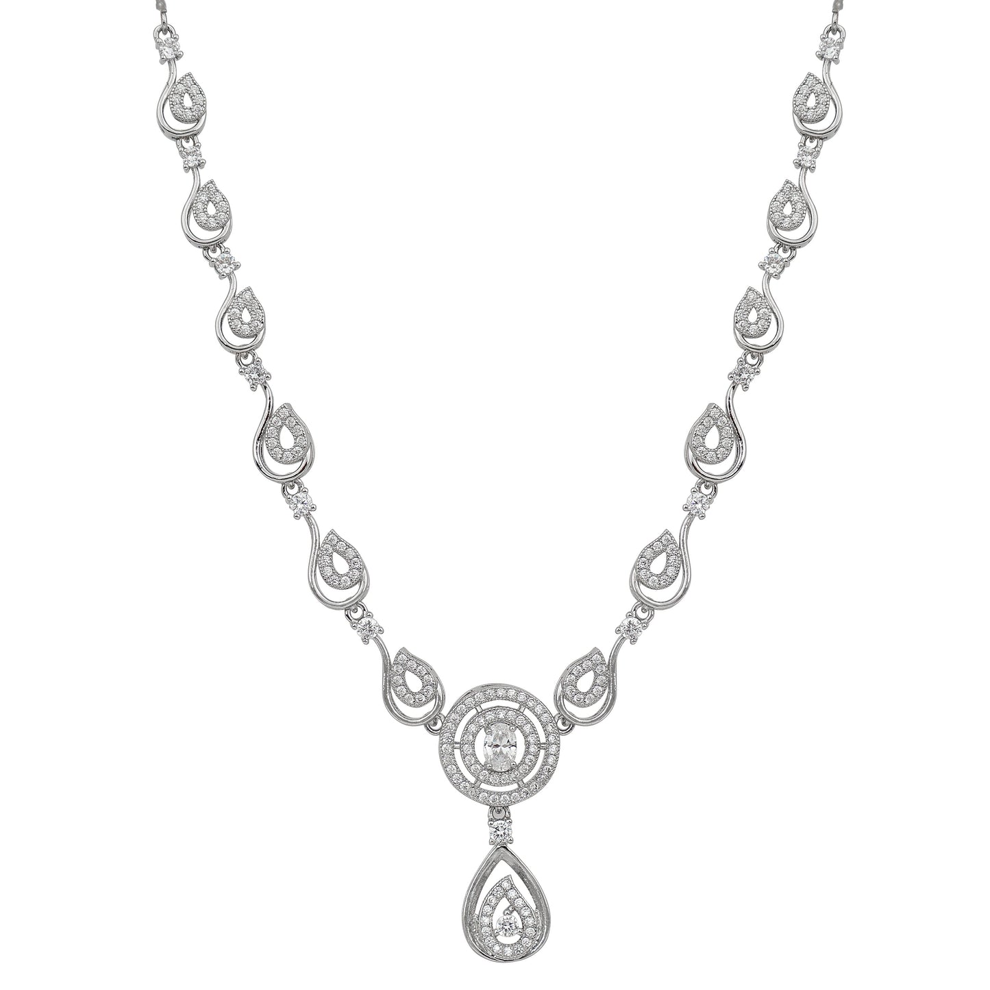 Stylish Silver Plated American Diamond Chain Pendent Necklace & Earrings Set for Women & Girls, Luxury AD Pendant Gift Set for Women, Girls