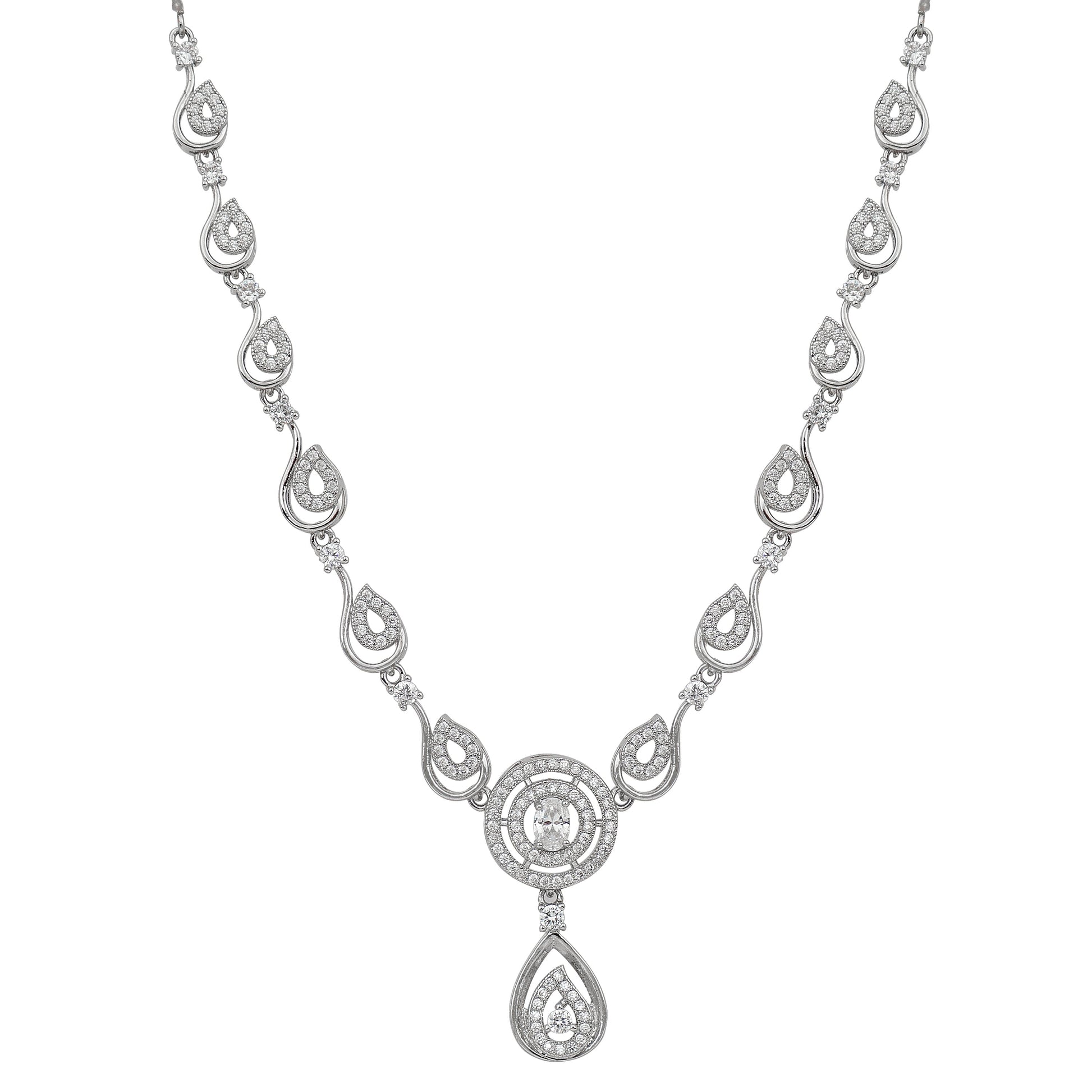 Stylish Silver Plated American Diamond Chain Pendent Necklace & Earrings Set for Women & Girls, Luxury AD Pendant Gift Set for Women, Girls