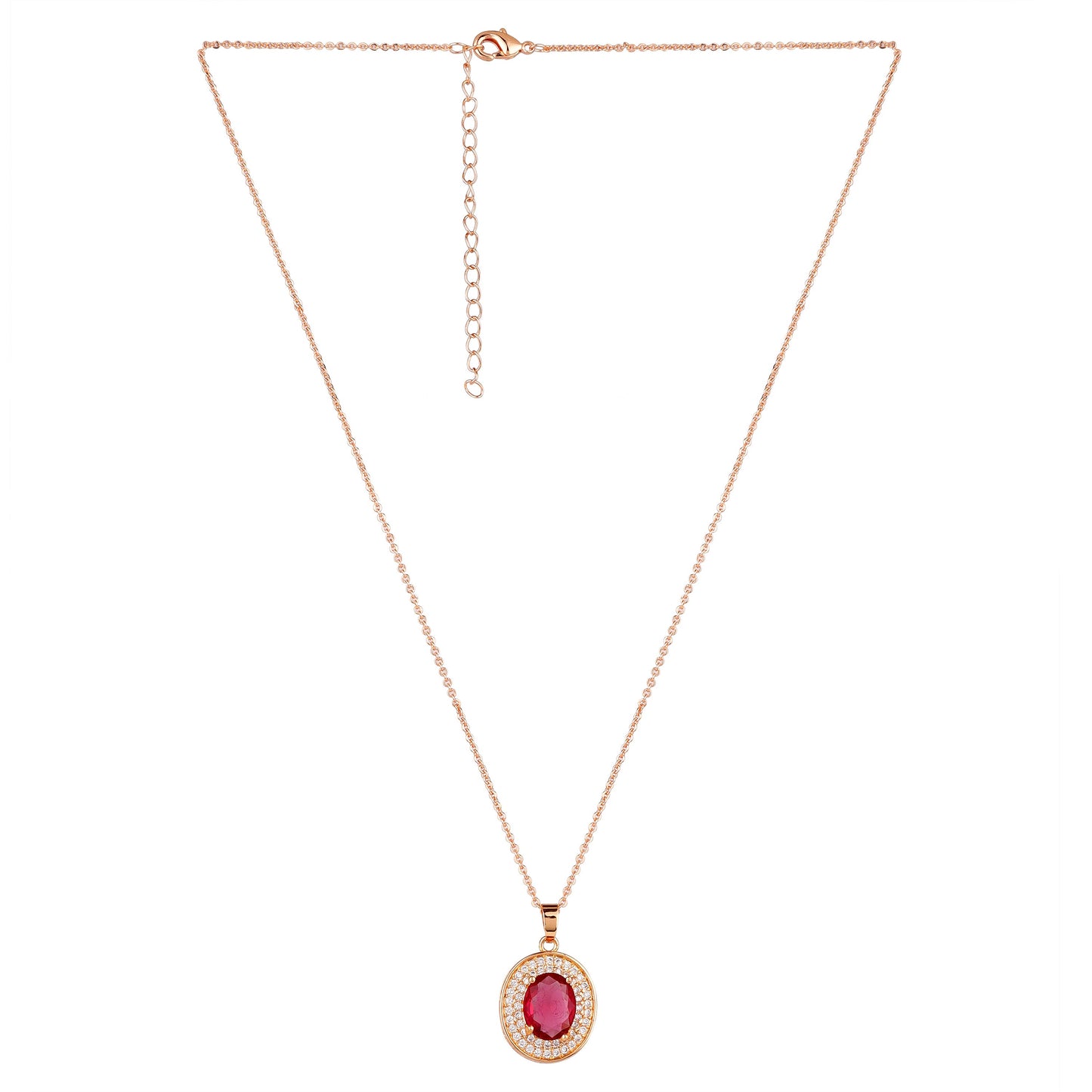 Rose Gold Plated Ruby Red Oval Pendant Necklace and Earring Set for Women and Girls