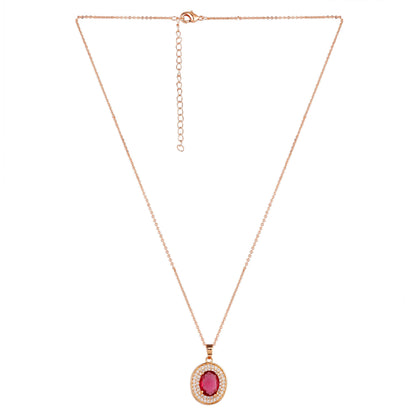Rose Gold Plated Ruby Red Oval Pendant Necklace and Earring Set for Women and Girls