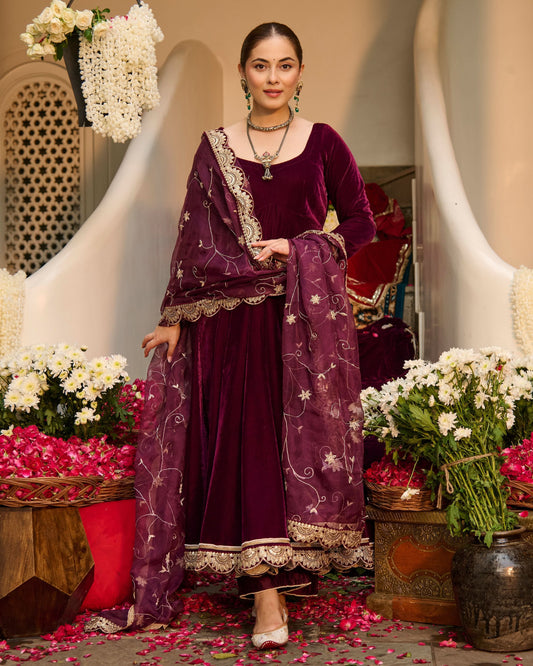 Mahika Purple Solid Velvet Suit Set