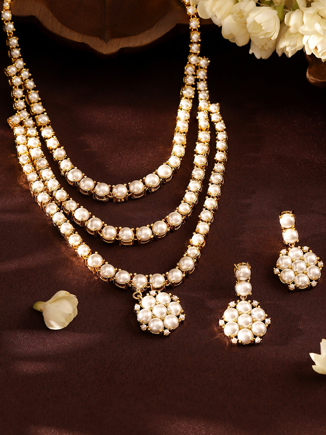 Floral Pattern Pearl Studded Three Layered necklace and Drop Earrings Jewellery Set