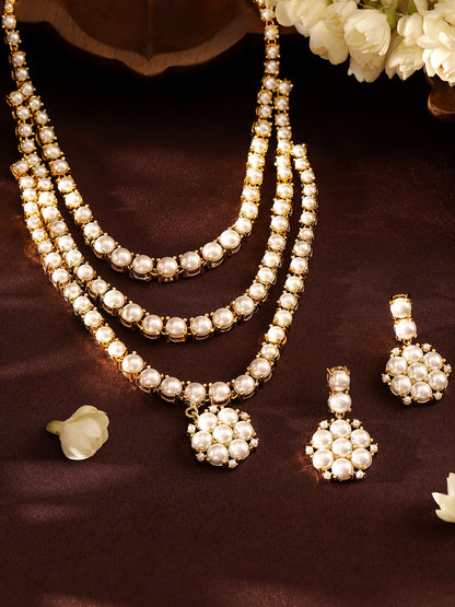 Floral Pattern Pearl Studded Three Layered necklace and Drop Earrings Jewellery Set
