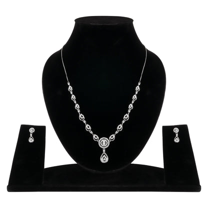 Stylish Silver Plated American Diamond Chain Pendent Necklace & Earrings Set for Women & Girls, Luxury AD Pendant Gift Set for Women, Girls