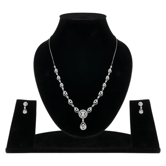 Stylish Silver Plated American Diamond Chain Pendent Necklace & Earrings Set for Women & Girls, Luxury AD Pendant Gift Set for Women, Girls