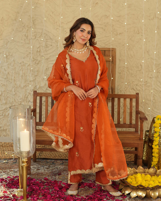 Roshni Orange Embroidered Chanderi Suit Set