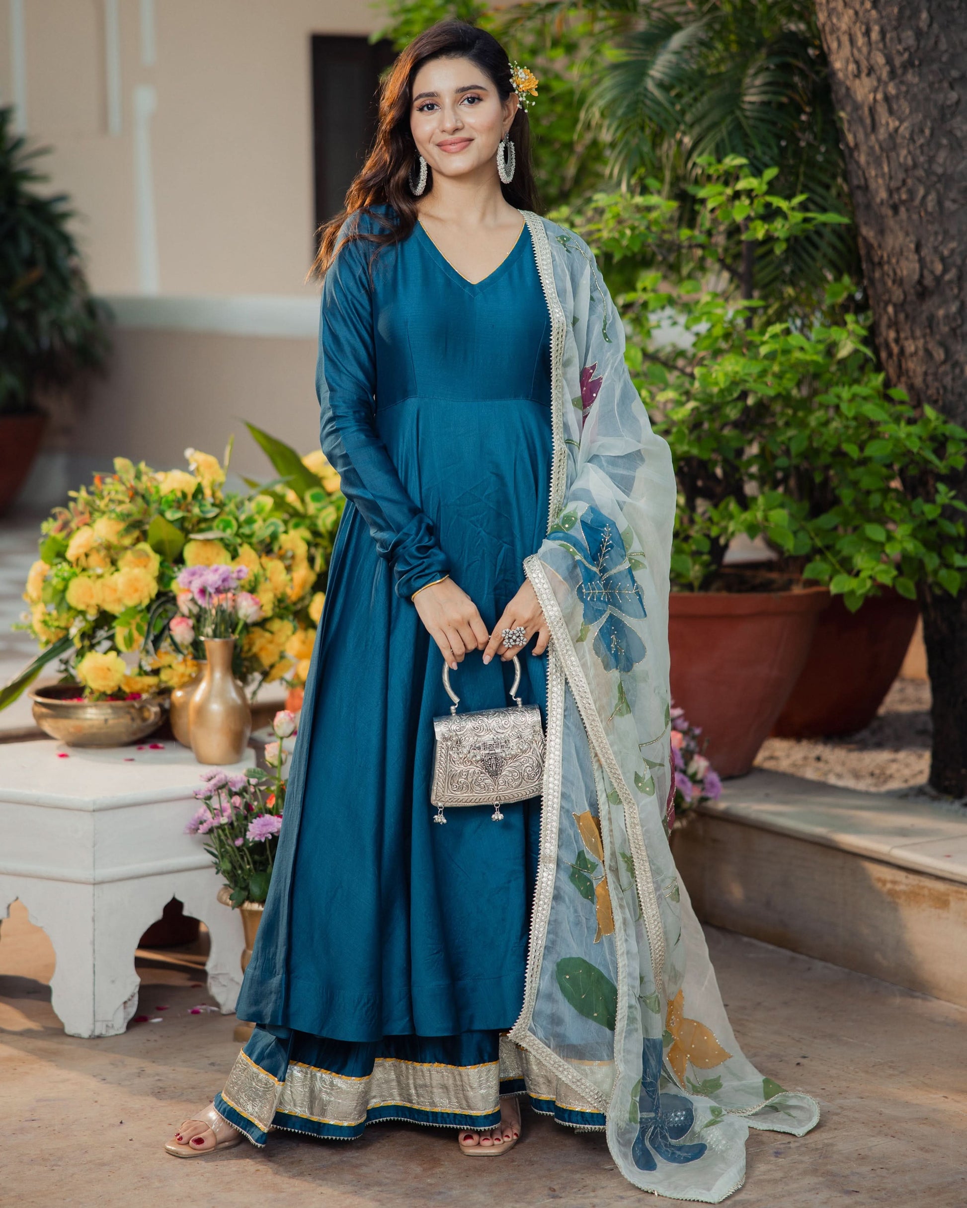 Neelkamal Teal Blue Handpainted Chanderi Suit Set