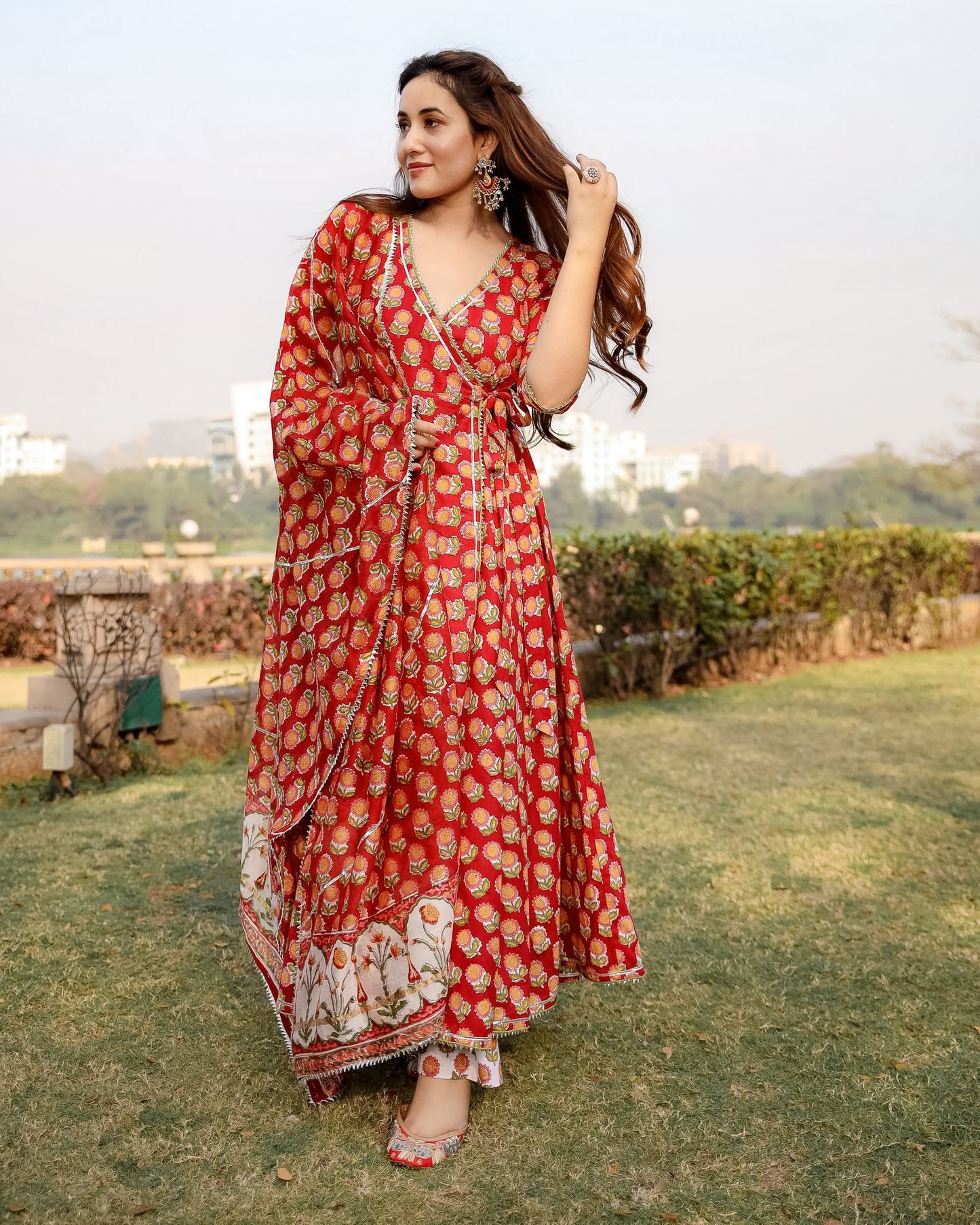 Red Rosewood Handblock Suit Set