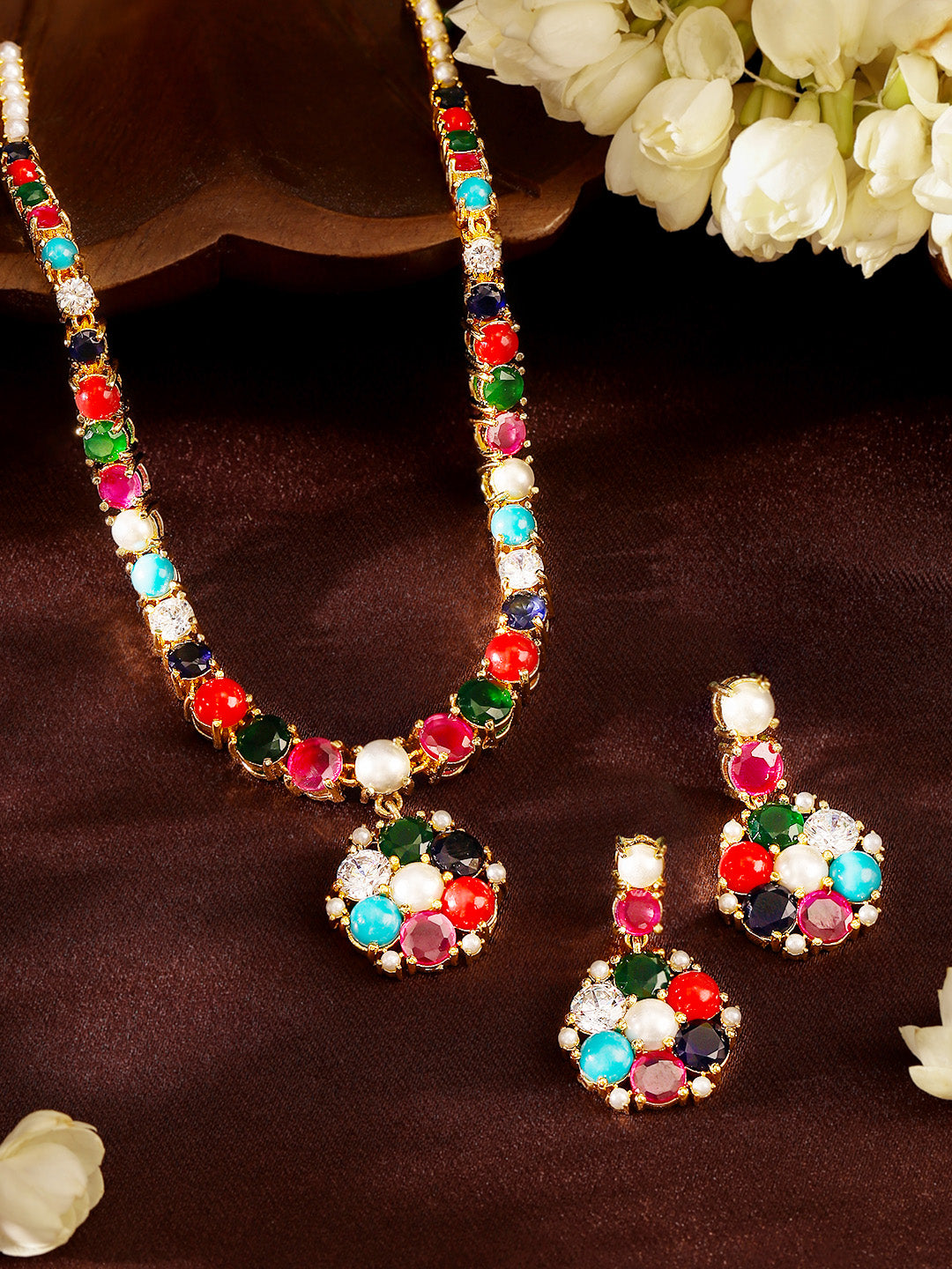 Navaratna Styled Gold Plated Floral Pattern Necklace and Drop Earrings Jewellery Set