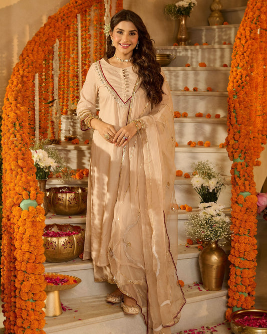 Aarush Beige Solid Chanderi Suit Set