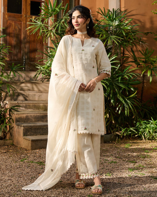 Vayu Off White Embroidered Cotton Checks Suit Set
