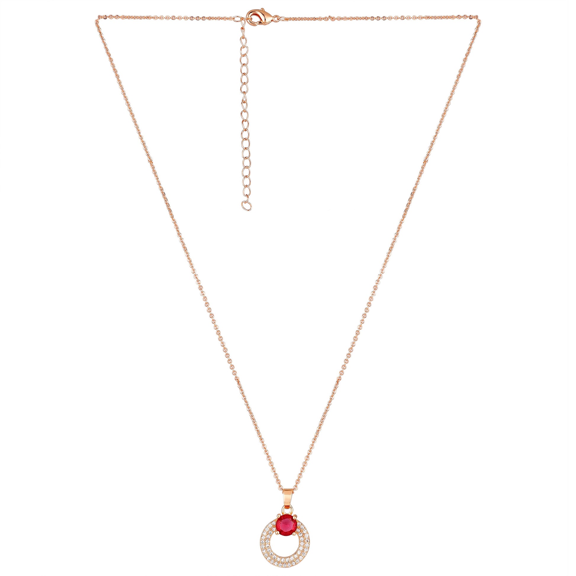 Rose Gold Plated Red Ruby Stone Pendant Necklace and Earring Set for Women and Girls