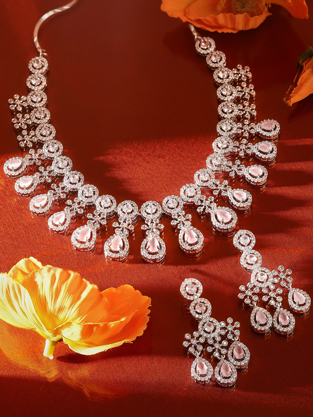 Pink Stoned Floral Design American Diamond Necklace and Drop Earrings Jewellery Set