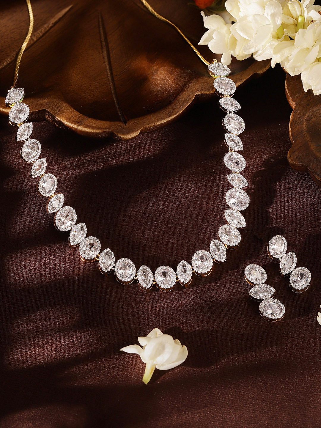 American Diamond Geometric Styled Gold Plated necklace and Drop Earrings Jewellery Set
