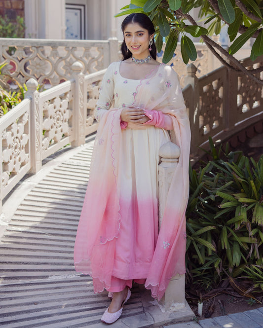 Giggly Rose Pink Ombre Embroidered Muslin Suit Set