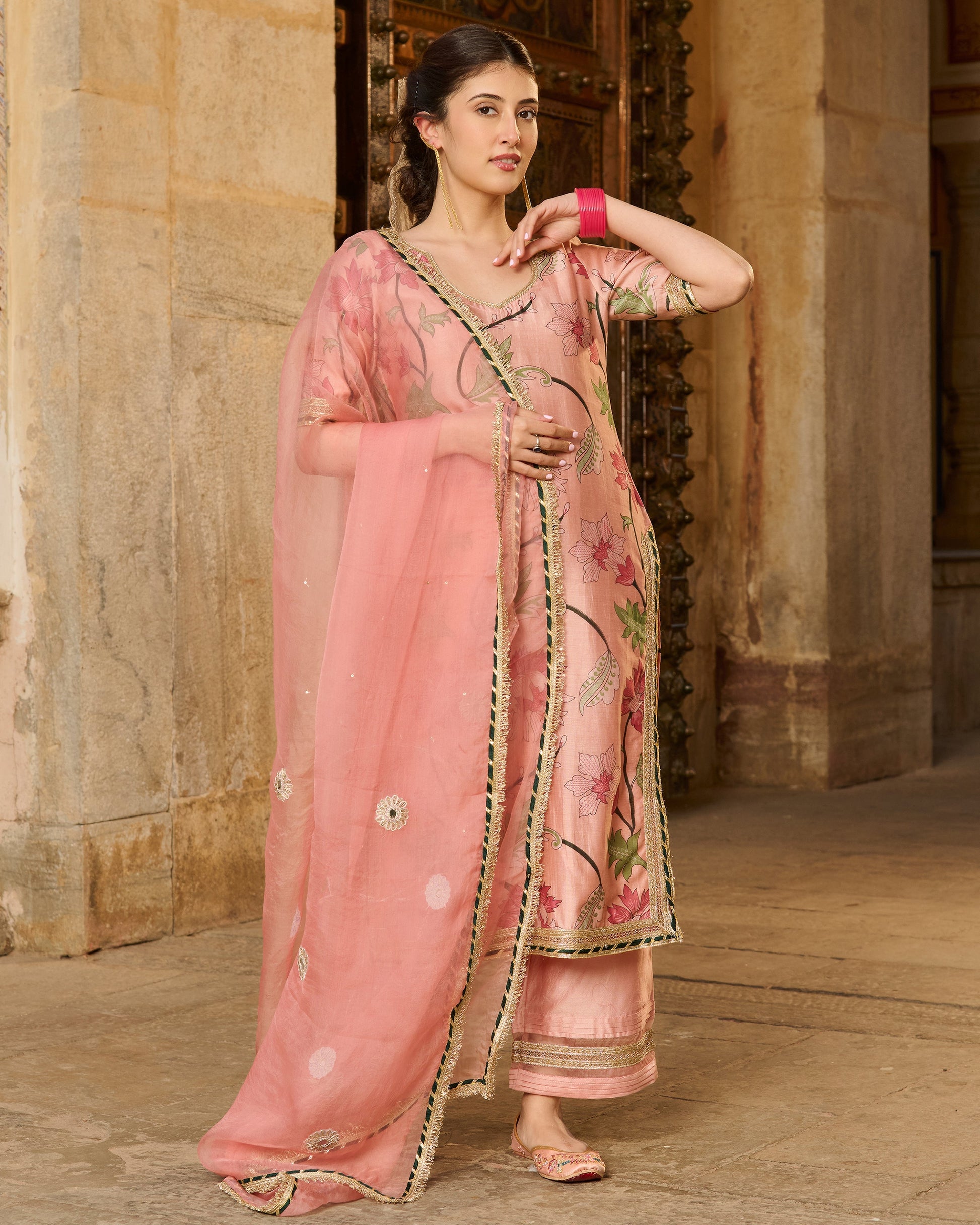 Pita Peach Printed Chanderi Suit Set