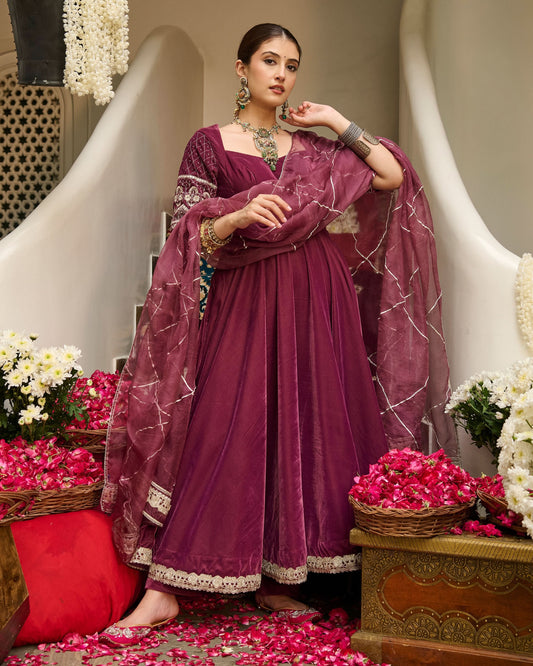 Terri Mauve Embroidered Velvet Suit Set