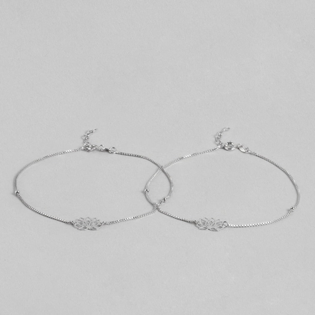 Pair of 925 Sterling Silver anklets for women featuring delicate lotus charms on fine silver chains – Zavya