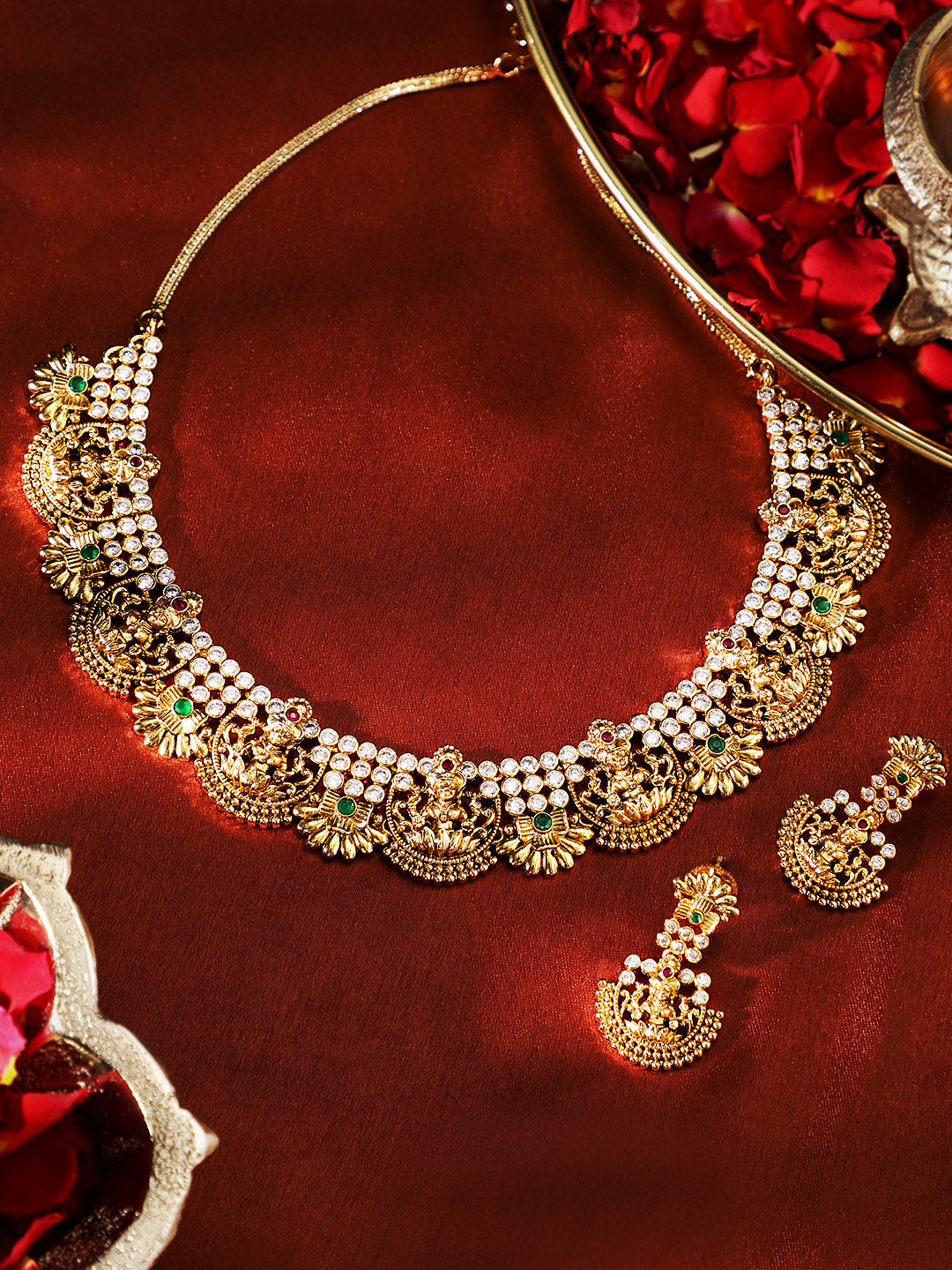Goddess Design Gold Plated Floral Type Necklace Drop Earrings Jewellery Set
