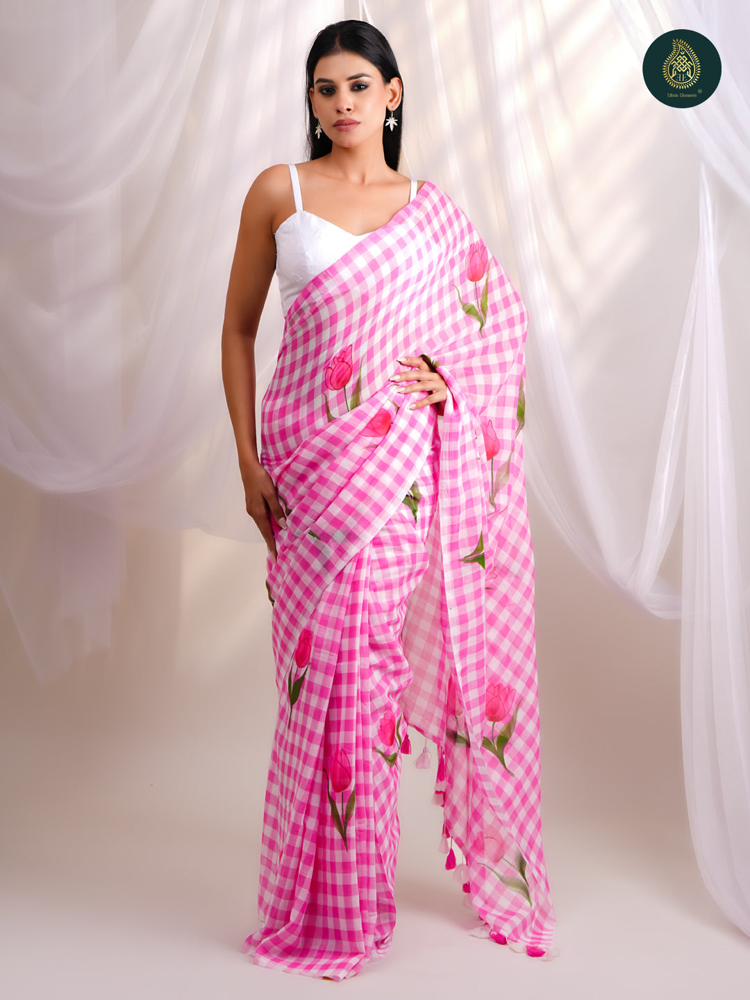 Rose Pink Gingham Checks Mul Cotton Saree - Hand painted