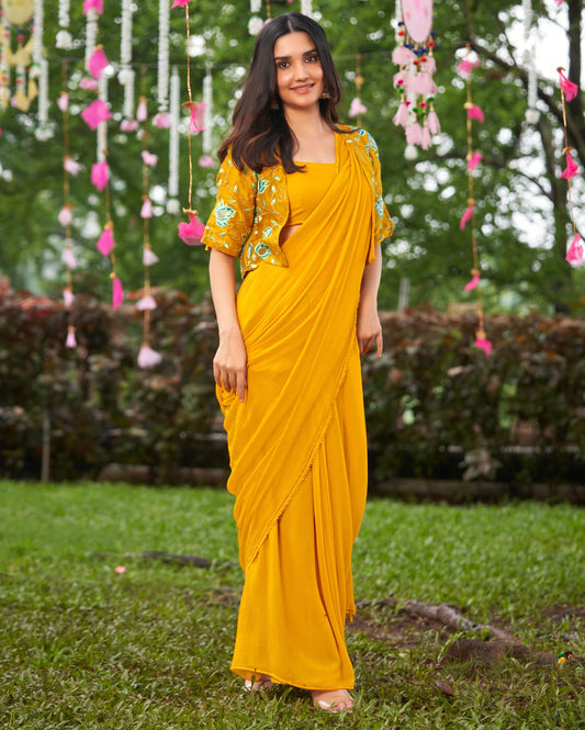 Uday Mustard Yellow Embroidered Chinon Pre Draped Saree