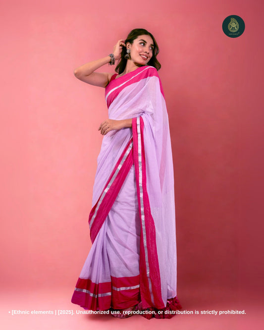 Mul Cotton Saree with Contrast Border Zari Aura - Dewy Lilac