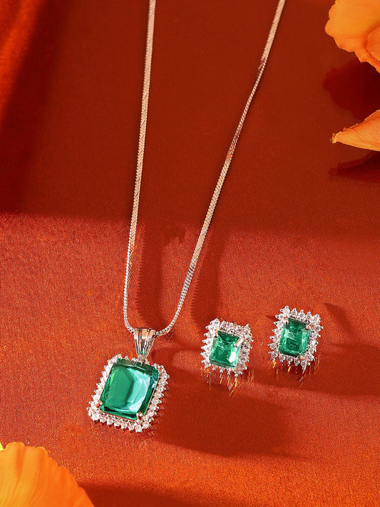 Mint Stoned Goemetric Elegance American Diamond Pendant Stud Earrings Jewellery Set