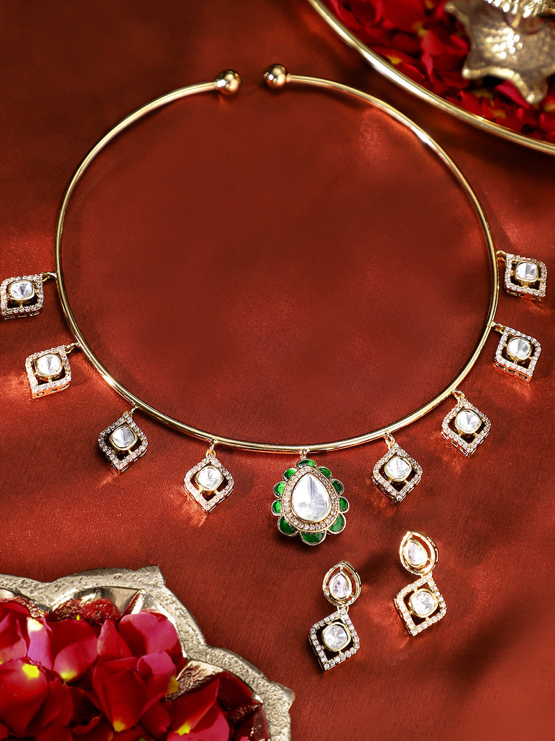 Floral Elegance Polki Style Gold Plated Choker Necklace Mini Drop Earrings Jewellery Set